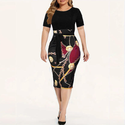 Commuter wrap-around dress, Women's Colorblock Chain Print Short Sleeve Round Neck Slight Stretch Slim Fit Mini Dress With Belt